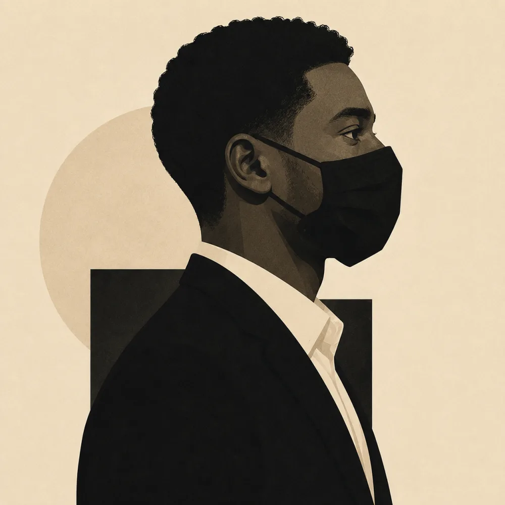 Illustrated side-profile portrait of Yaasiin Ayeva in a black suit